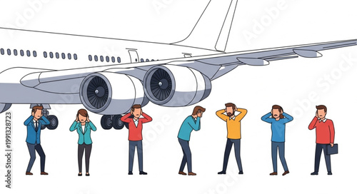 People covering ears from loud airplane noise during takeoff or landing.