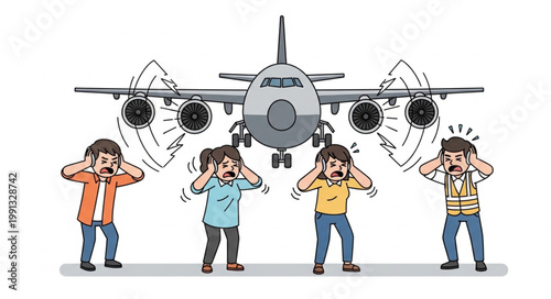 People covering ears from loud airplane noise illustration.