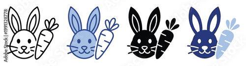Cute rabbit head with a fresh carrot available in different graphic styles for various seasonal applications