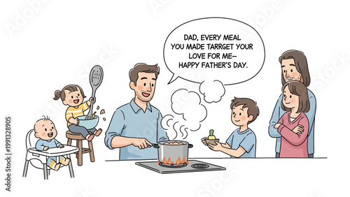 Father's Day Feast: A heartwarming family scene unfolds as a dad, with kids help cooking together, prepares a meal, celebrating Father's Day with love and togetherness.