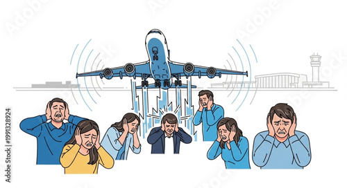 People covering ears from loud airplane noise pollution.