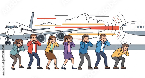 People covering ears from loud airplane noise.