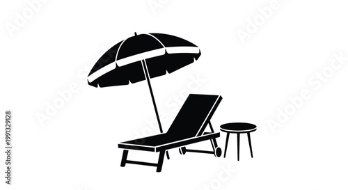 A black lounge chair with a side table and umbrella