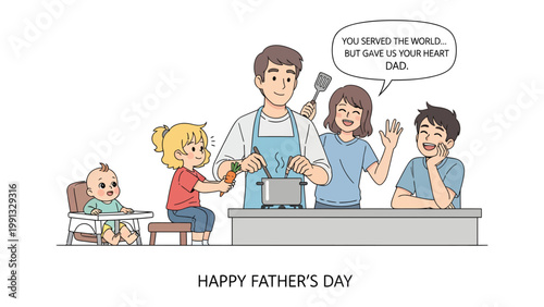 Heartwarming Family Moment: A father cooks in the kitchen as his children show support for him on Father's day. Capturing the beautiful familial relationship and shared moments.