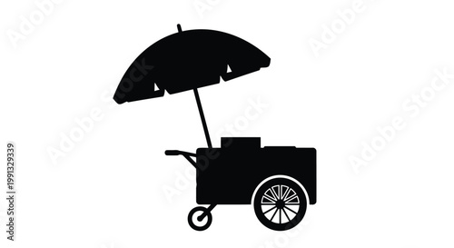 A black silhouette of a food cart with umbrella