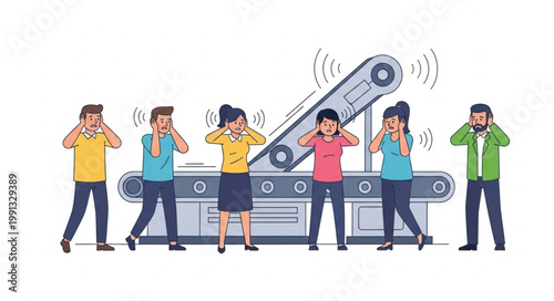 People covering ears from loud conveyor belt noise.