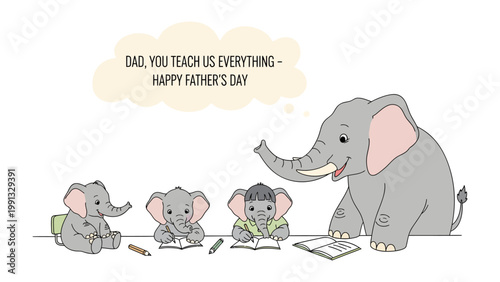 Elephant Family on Father's Day: A heartwarming illustration of a father elephant with his three little ones, celebrating Father's Day. The father, a symbol of wisdom and guidance.