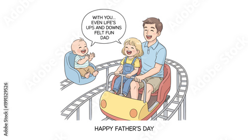 Father's Day Rollercoaster: A heartwarming illustration captures a father's playful spirit as he rides a rollercoaster with his delighted children, encapsulating the joy and fun of fatherhood.