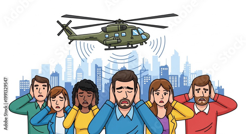 People covering ears from loud helicopter noise over city skyline.