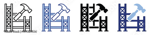 Construction industry icons showing scaffolding and a hammer for various applications in building development and home renovation projects