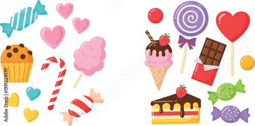 Sweet candy and dessert collection with lollipop chocolate cake ice cream and hearts colorful cartoon vector illustration set