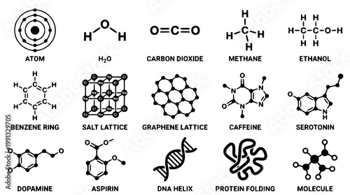 Molecular structures of various chemical compounds and elements illustrated