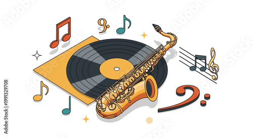 A saxophone and vinyl record are featured in a vibrant, isometric illustration celebrating International Jazz Day, with musical notes floating around against a clean white backdrop