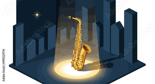 A golden saxophone stands illuminated against a geometric cityscape backdrop in observance of International Jazz Day, rendered in a minimalist style with cool blues and spotlight effect