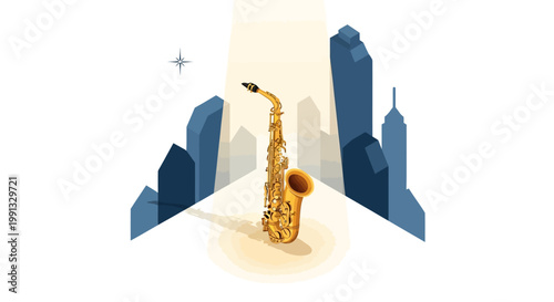 Celebrating International Jazz Day, a golden saxophone stands illuminated against an abstract cityscape backdrop, creating a vibrant musical tribute with a spotlight effect