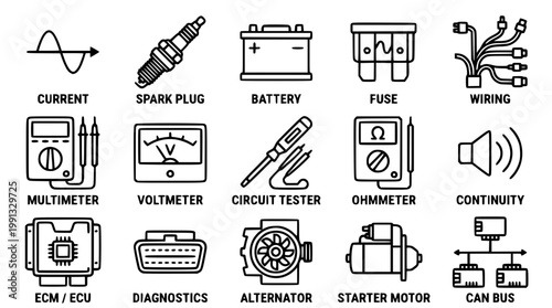 Vector graphic illustration of automotive electrical system components