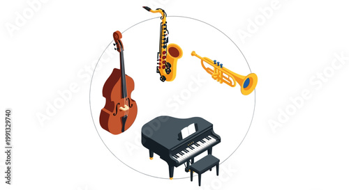 Celebrating International Jazz Day with a vibrant isometric illustration showcasing a double bass, saxophone, trumpet, and piano arranged in a circle against a clean white background