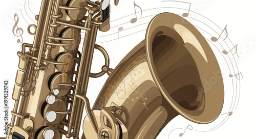 An illustration celebrates International Jazz Day, showcasing a golden saxophone with musical notes swirling around it against a clean white background, creating a vibrant and celebratory