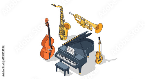 Isometric illustration commemorates International Jazz Day, featuring a piano with sheet music, a saxophone, a trumpet, a bass, and a guitar arranged against a stark white background