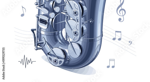 Close-up illustration of a saxophone with musical notes floating around against a white backdrop, designed to celebrate International Jazz Day with a cool blue color palette and detailed