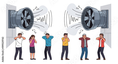 People covering ears from loud noise from industrial fans.