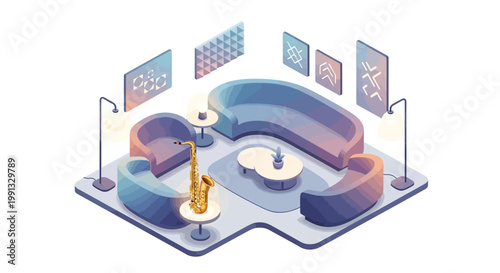 Isometric illustration depicting a saxophone placed on a table in a stylized living room setting, celebrating International Jazz Day with a modern color palette against a clean background