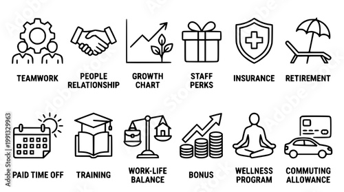 Employee benefits and perks vector graphic illustration set