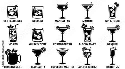 Vector graphic illustration of various cocktail drinks designs