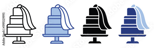 Elegant multilevel wedding cake graphic with draped fabric perfect for invitations, menus, and matrimonial themes