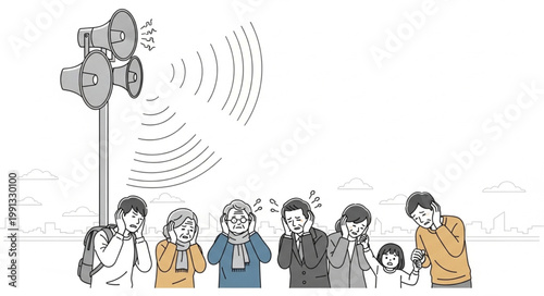 People covering ears from loud siren sound.