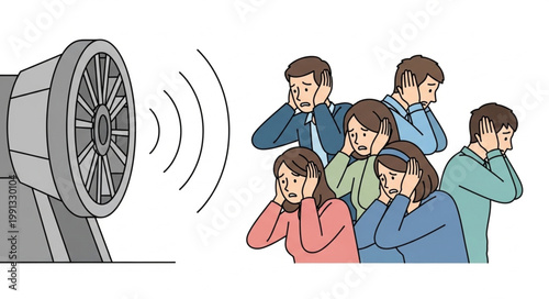 People covering ears from loud noise speaker sound waves illustration.