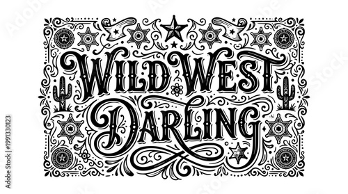 Wild west darling vector graphic illustration with stars and cacti