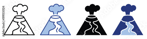 Simple volcano icons with erupting smoke and flowing lava useful for geological infographics and emergency warning systems
