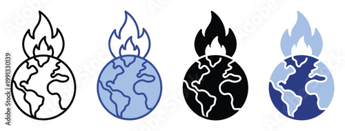 Icon of Planet Earth with flames on top signifying global warming and environmental crisis initiatives