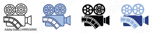 Classic movie camera symbol with film reels and strip for video editing, filmmaking, or streaming applications.