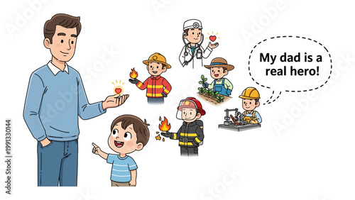 A Father's Heroic Vision: A young boy looks up to his father, envisioning him as a hero among various professionals, each holding a glowing heart symbolizing the love and dedication.