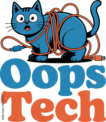 Blue cat tangled in orange computer cable with Oops Tech text