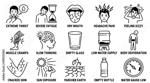 Dehydration symptoms and signs vector graphic illustration