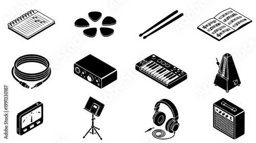Music equipment vector icons for musicians and music production tools