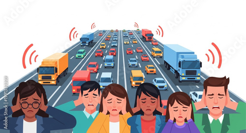 People covering ears from loud traffic noise on highway.