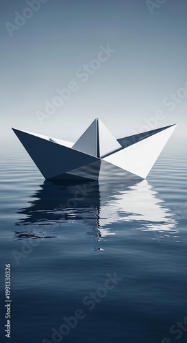 Origami paper boat sailing on calm blue water with reflection, minimal, serene, journey, adventure, dream