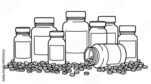 Vector illustration of empty medicine bottles and scattered pills