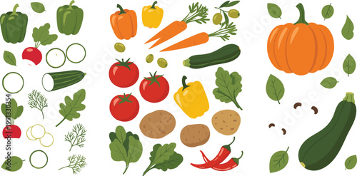 Vegetable collection with fresh organic produce including tomato carrot zucchini pepper pumpkin and greens cartoon vector illustration set