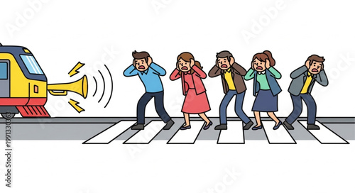 People covering ears from loud train horn at crosswalk.