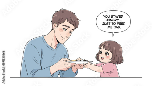Father's Love: A touching moment captured between a father and daughter, sharing a meal. The daughter acknowledges her father's selfless act with a heartfelt gesture.