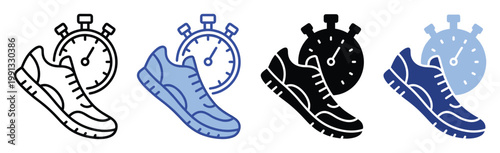 Sports icons set with running shoe and stopwatch representing fitness activity and timing for app interfaces and athletic promotions