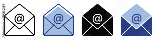 Email message envelope icons with at symbol in various styles for digital communication and modern web interface designs.