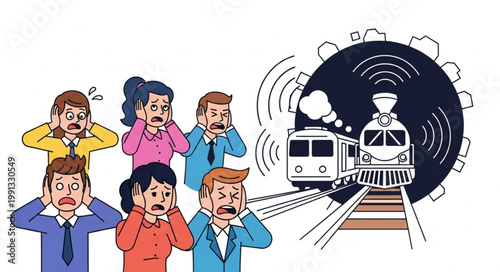 People covering ears from loud train noise pollution.