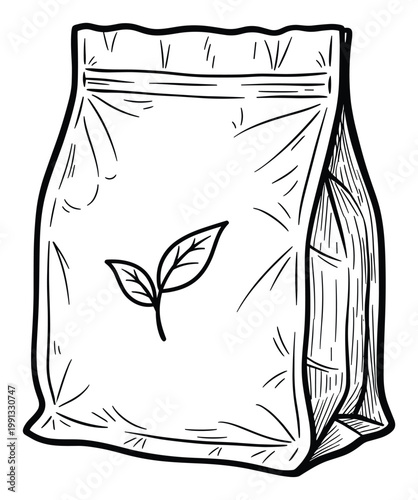 Simple line drawing of a stand up pouch with two leaves graphic on front suitable for packaging design or organic product branding