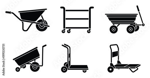 Utility carts and trolleys for material handling, with wheelbarrows, hand trucks, and service wagons.